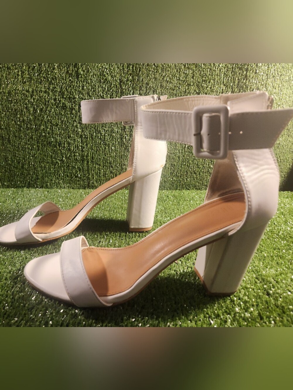 Rouge! White Block Heel Ankle Strap Sandals
